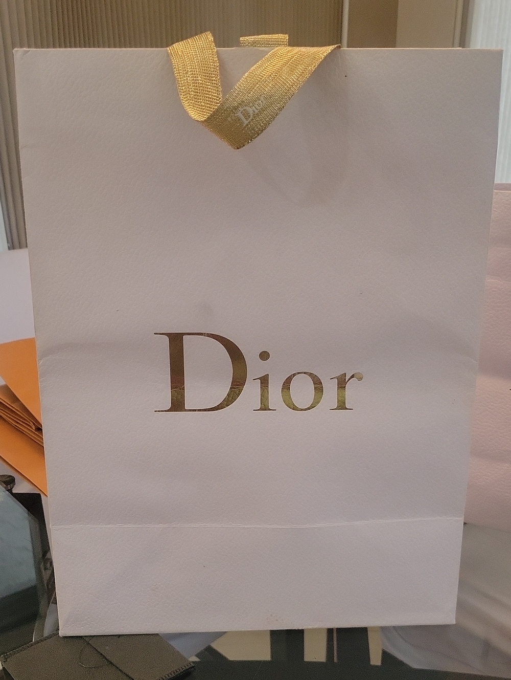 Dior White Gift Bag with Gold Logo and Ribbon